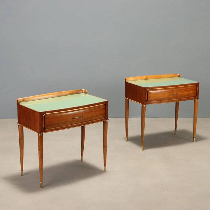 1950s Wood and Brass Nightstands Pair