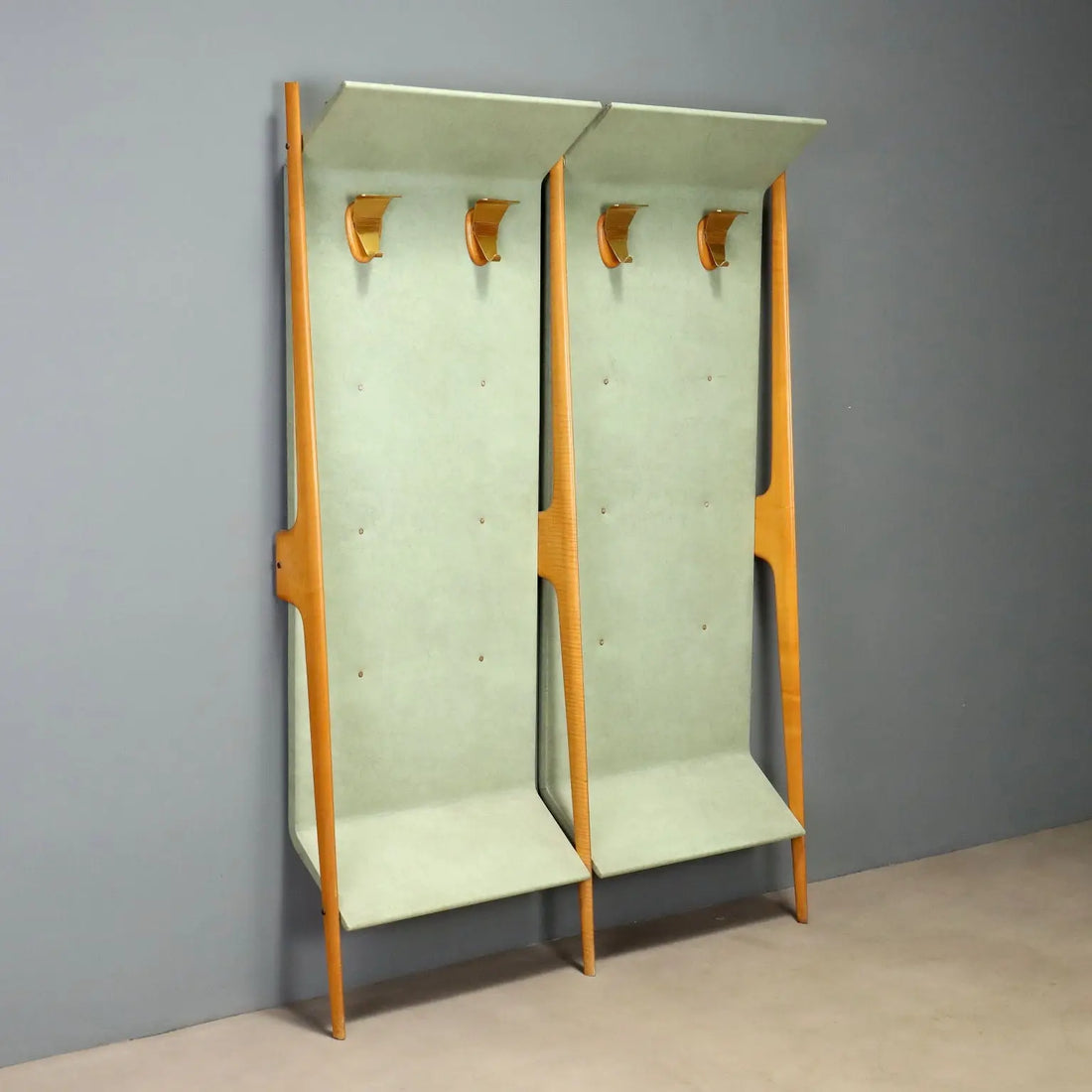 Vintage Coat Stand Beech Leatherette Brass Design Italy 1960s