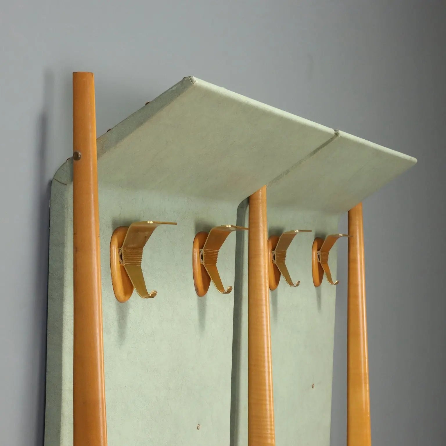 Vintage Coat Stand Beech Leatherette Brass Design Italy 1960s
