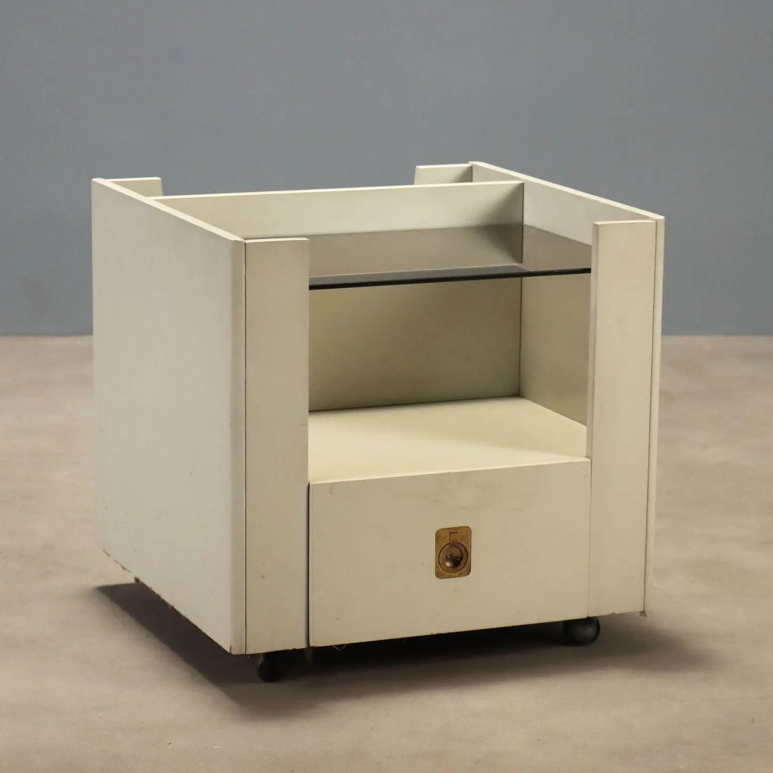 Vintage Nightstand White Lacquered Wood Glass Design 1970s
