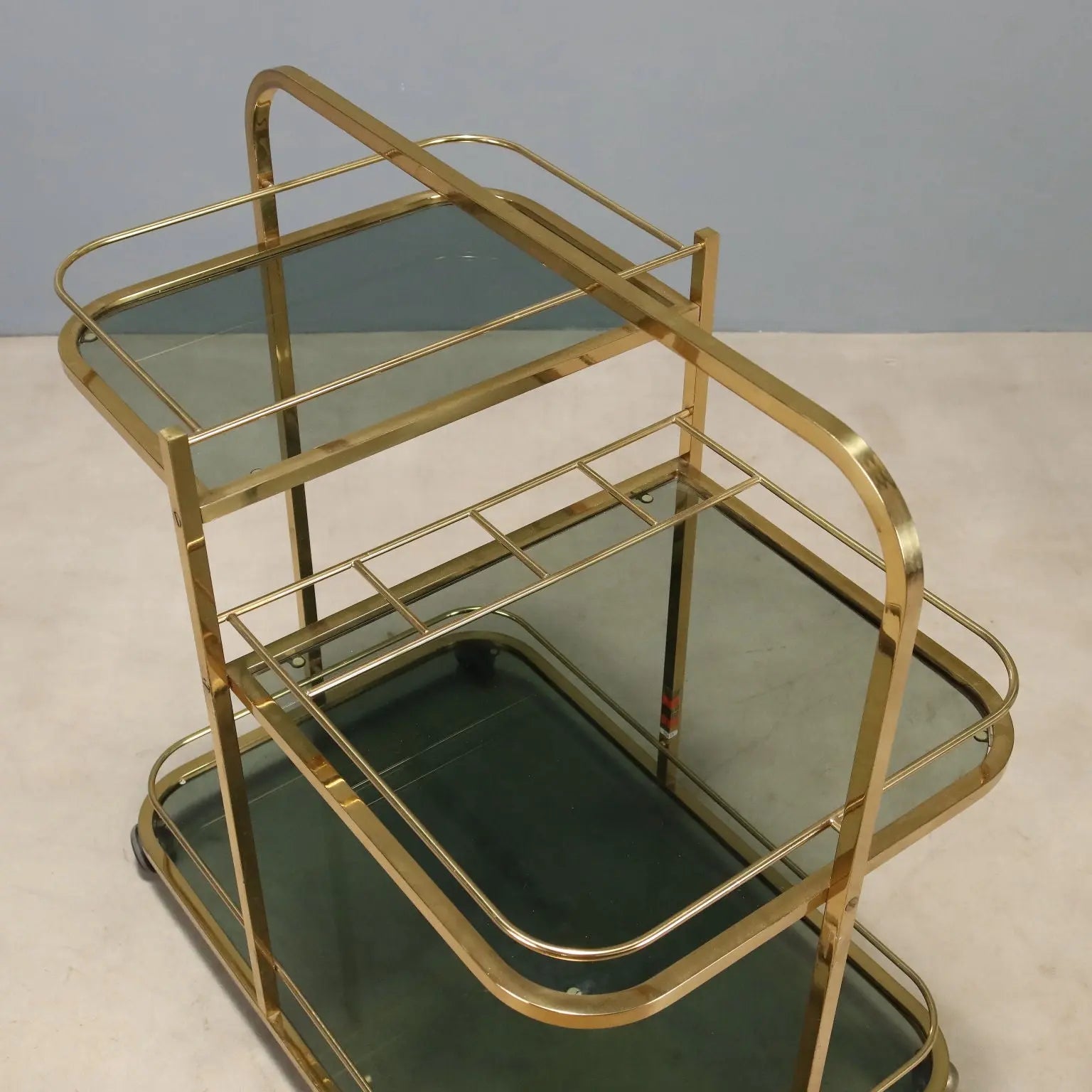 Vintage Kitchen Trolley Brass Smoked Glass Design Italy 1970s
