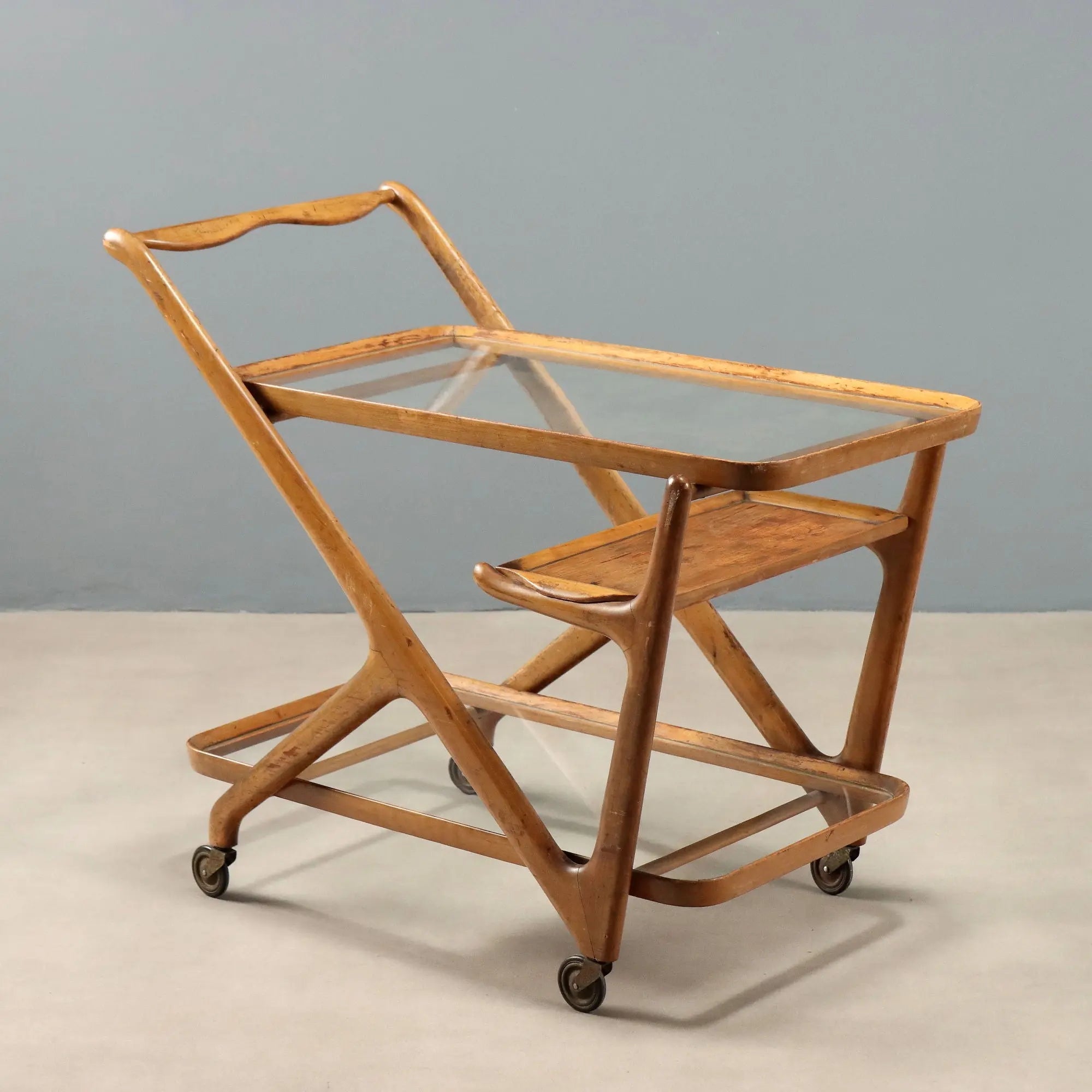 Vintage Kitchen Cart Beech Glass Design Italy 1950s