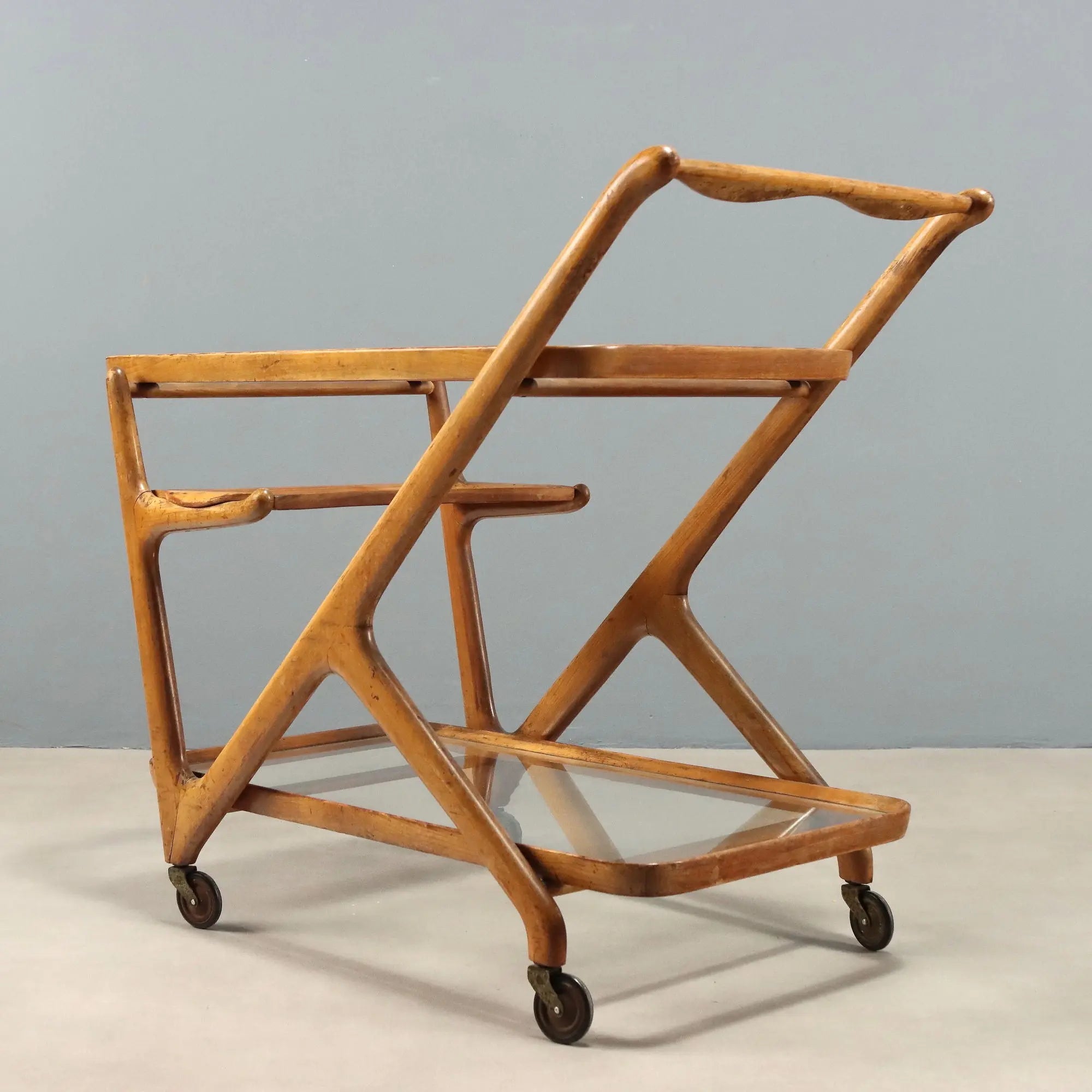 Vintage Kitchen Cart Beech Glass Design Italy 1950s