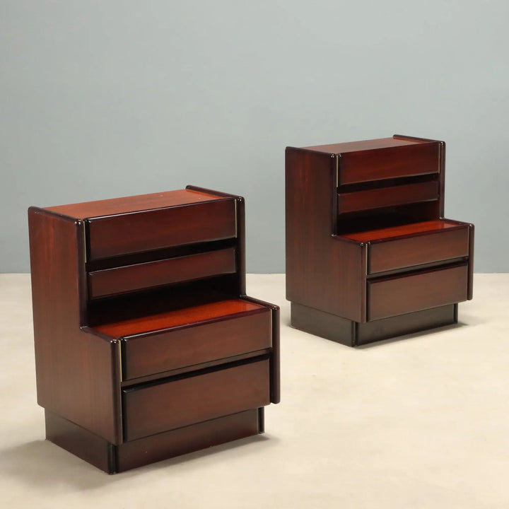 Vintage Nightstands Veneered Wood Brass Design Italy 1970s