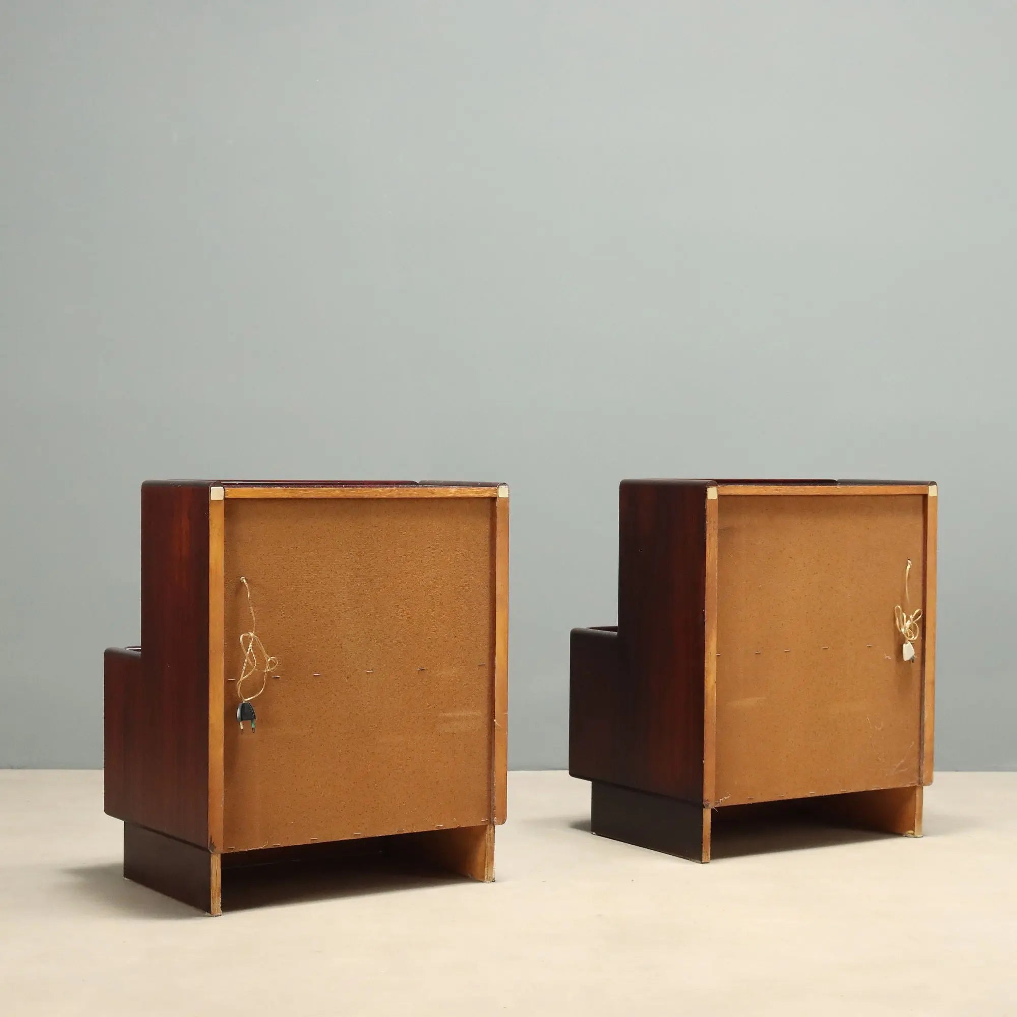 Vintage Nightstands Veneered Wood Brass Design Italy 1970s