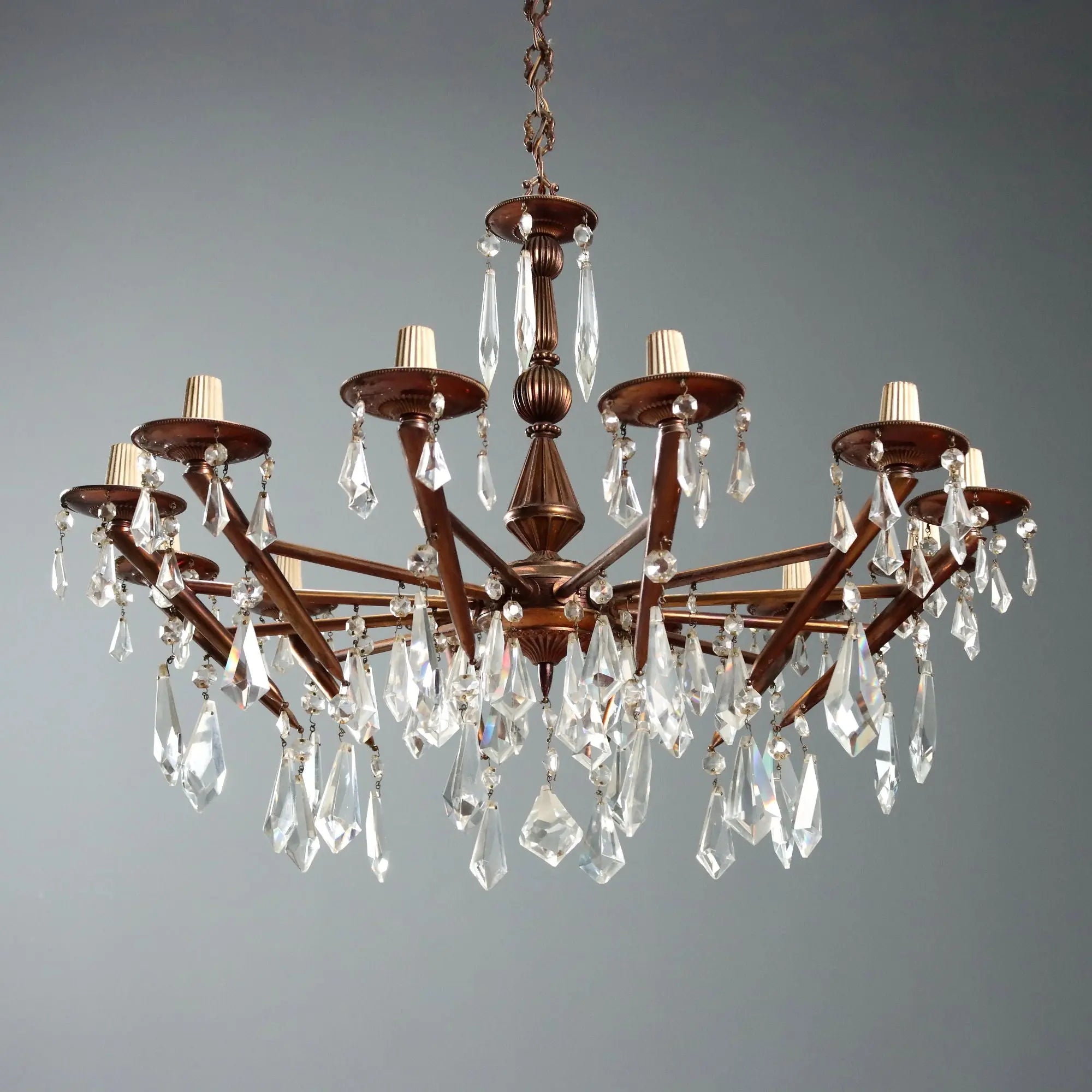 Vintage Brass and Crafted Glass Chandelier Italy XX Century
