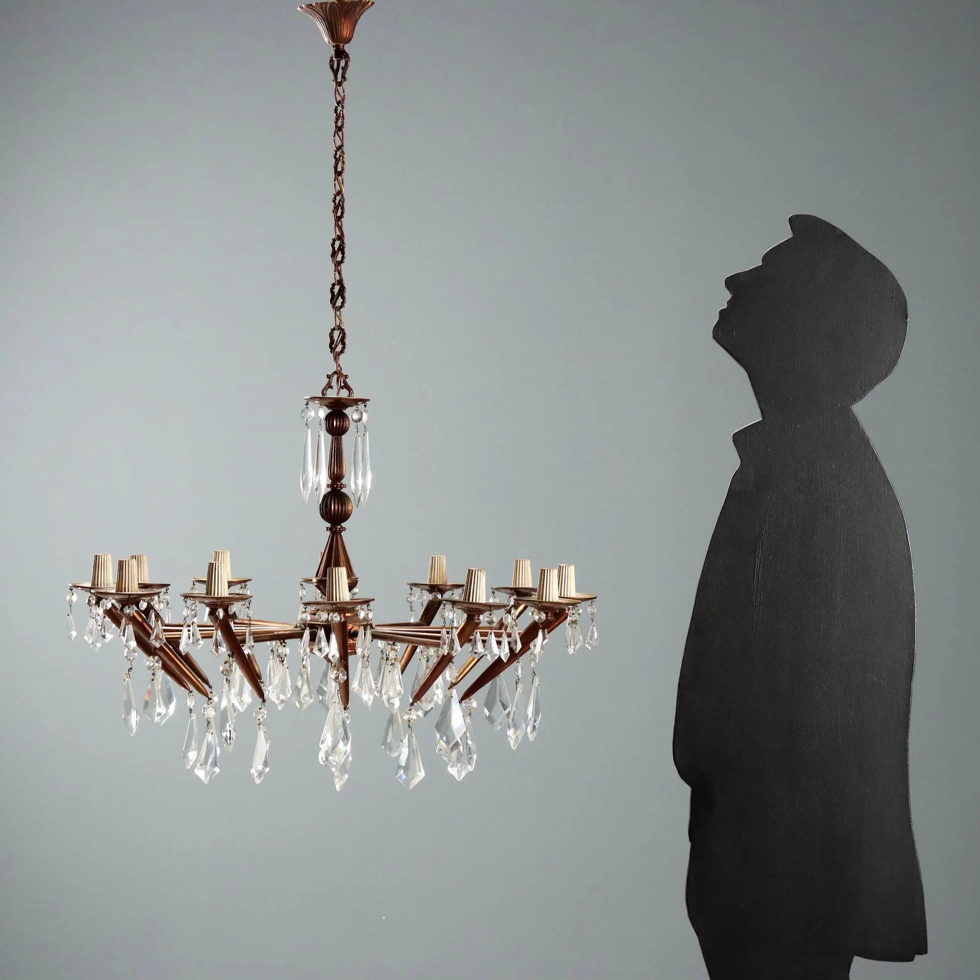 Vintage Brass and Crafted Glass Chandelier Italy XX Century