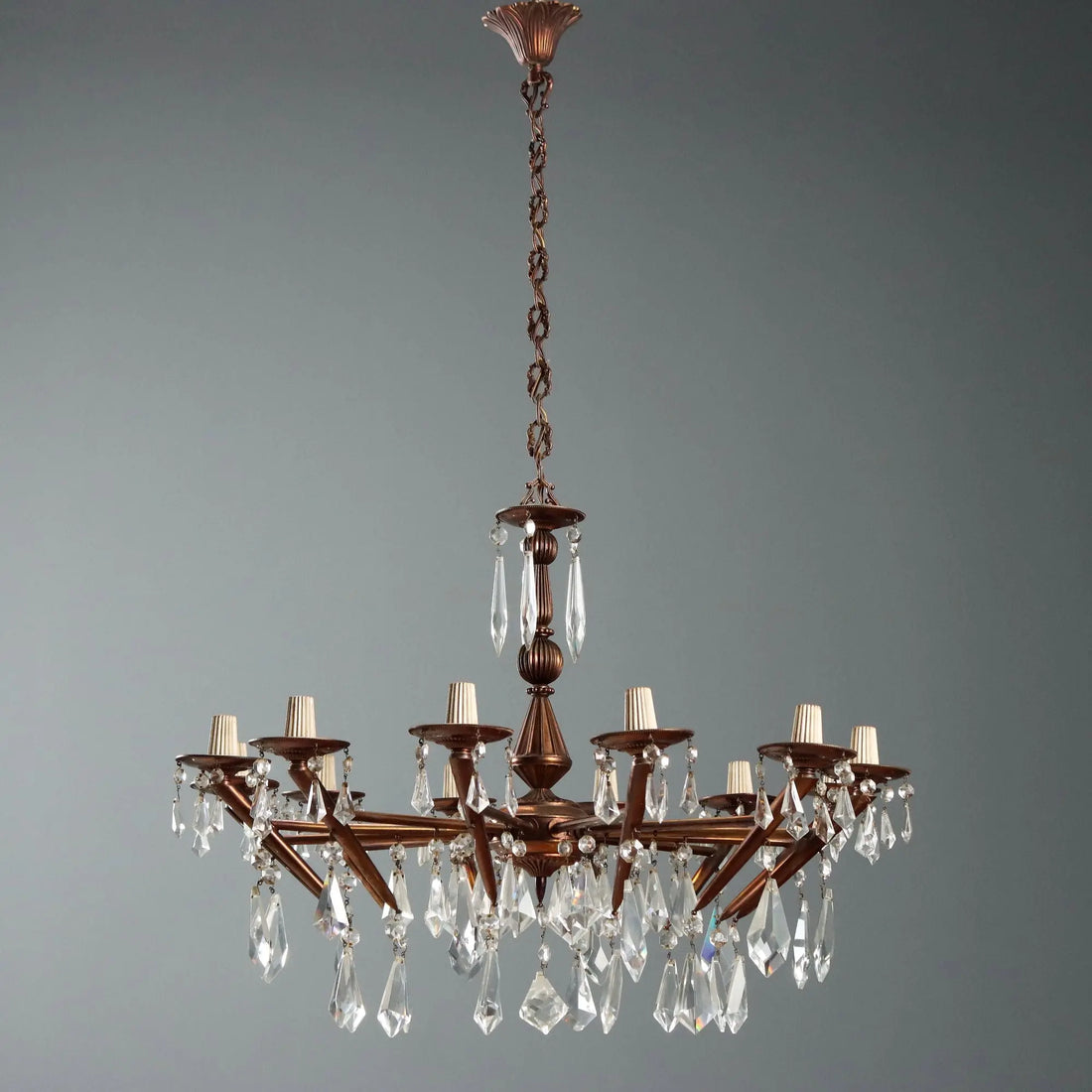 Vintage Brass and Crafted Glass Chandelier Italy XX Century
