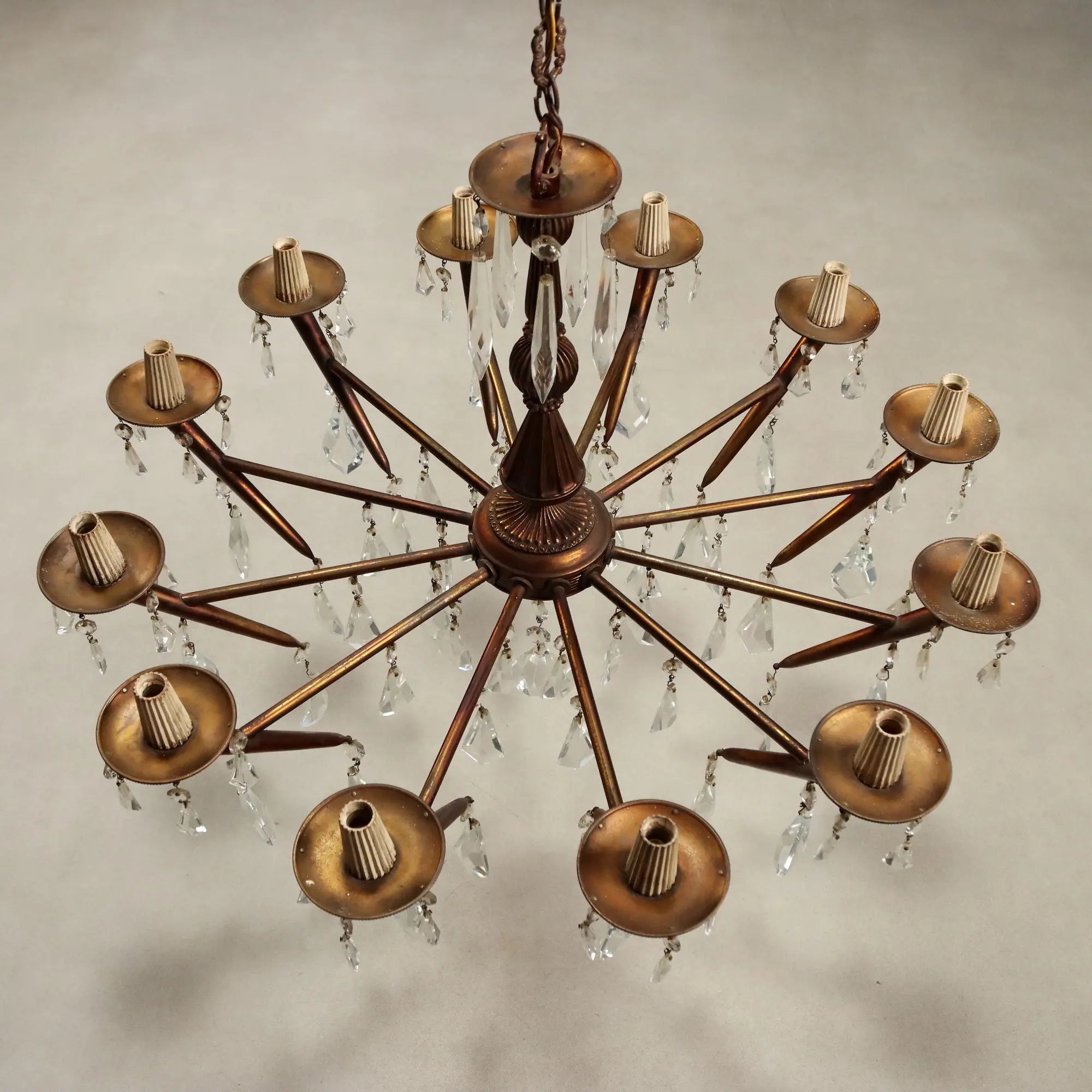 Vintage Brass and Crafted Glass Chandelier Italy XX Century