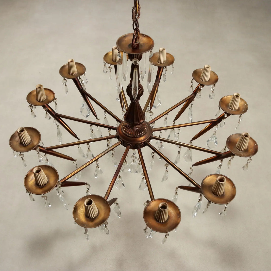 Vintage Brass and Crafted Glass Chandelier Italy XX Century