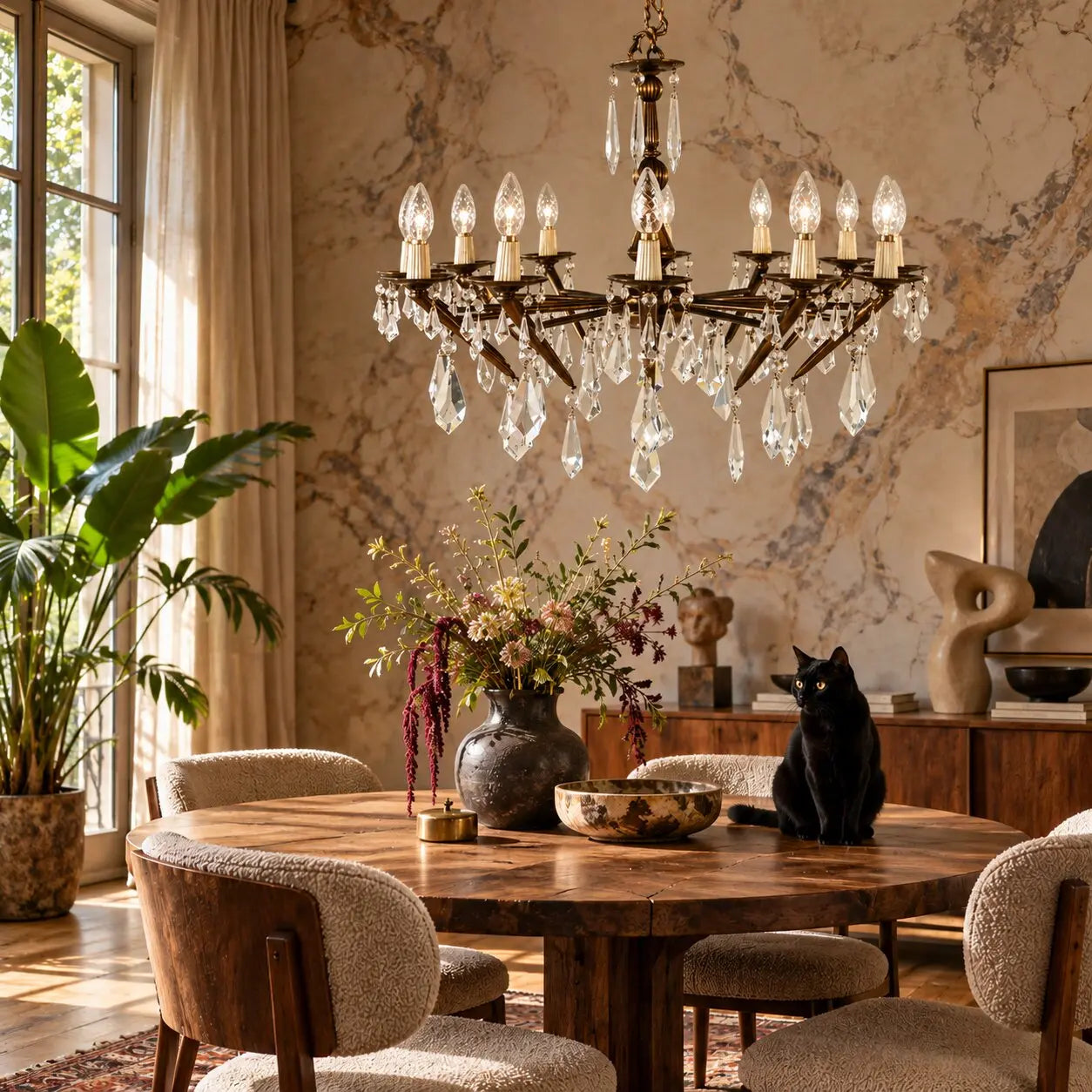 Vintage Brass and Crafted Glass Chandelier Italy XX Century