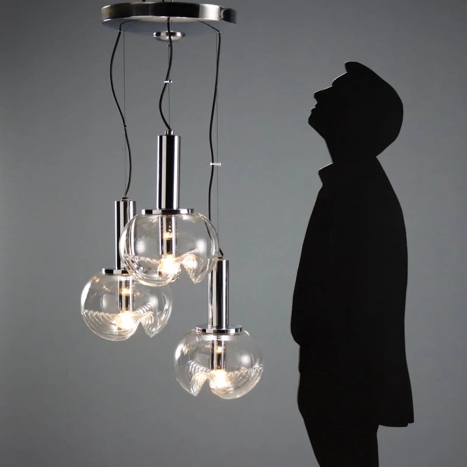 Vintage Chandelier Koch & Lowy Chromed Metal Glass 1970s