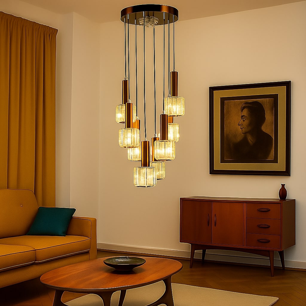 Vintage Chandelier 8 Lights Aluminium Metal Glass Italy 1960s-1970s | Modernism  Lighting