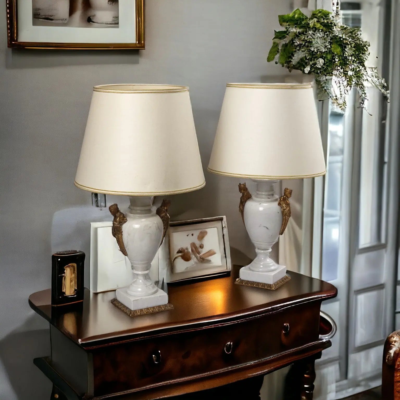 Pair of Vintage Lamps White Marble Brass Italy XX Century - Italy, XX Century | Modernism | Lighting