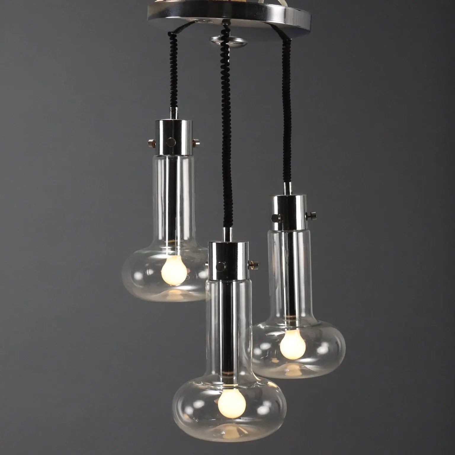 Vintage Chandelier Chromed Metal Glass Design Italy 1960s