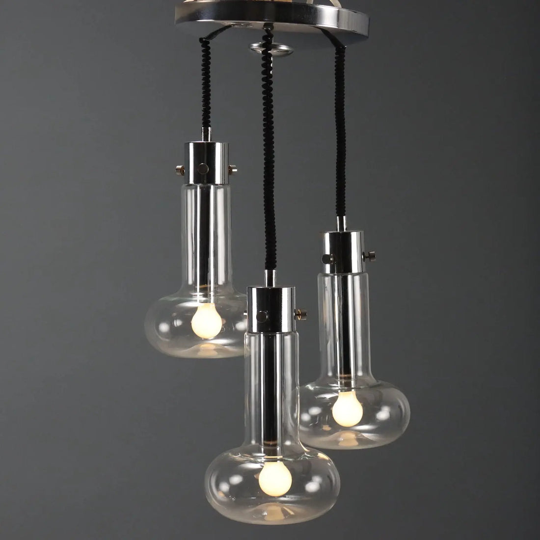 Vintage Chandelier Chromed Metal Glass Design Italy 1960s