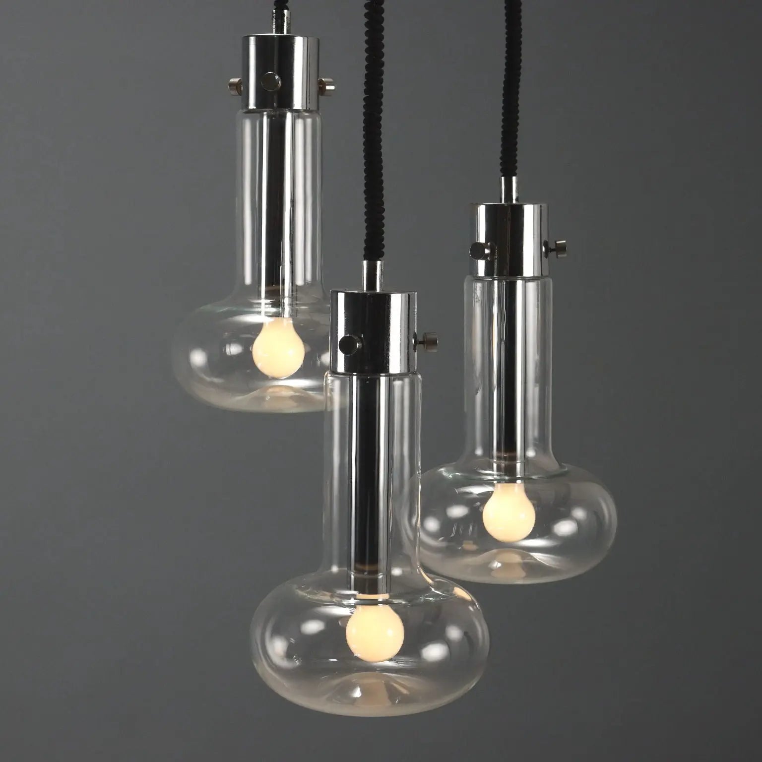 Vintage Chandelier Chromed Metal Glass Design Italy 1960s