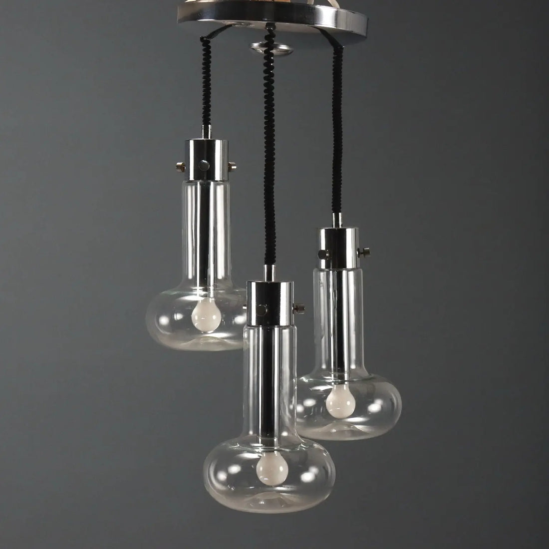 Vintage Chandelier Chromed Metal Glass Design Italy 1960s