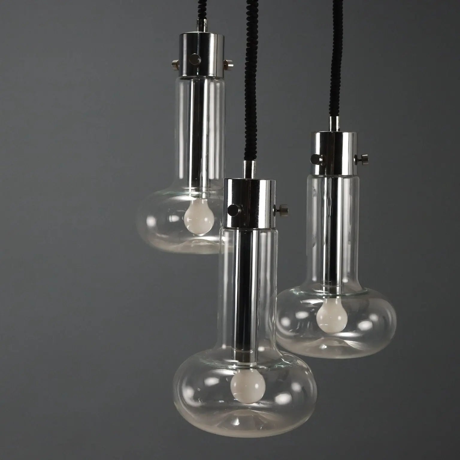 Vintage Chandelier Chromed Metal Glass Design Italy 1960s