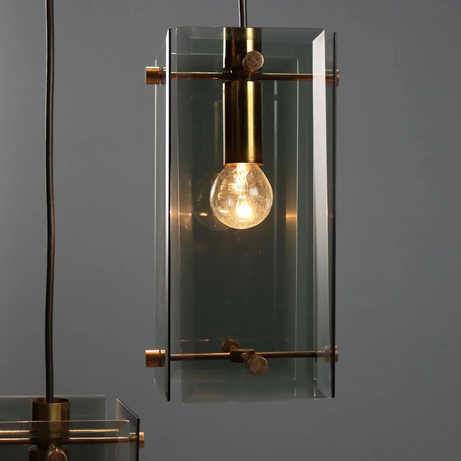 Vintage Ceiling Lamp Brass Glass Design Italy 1960s