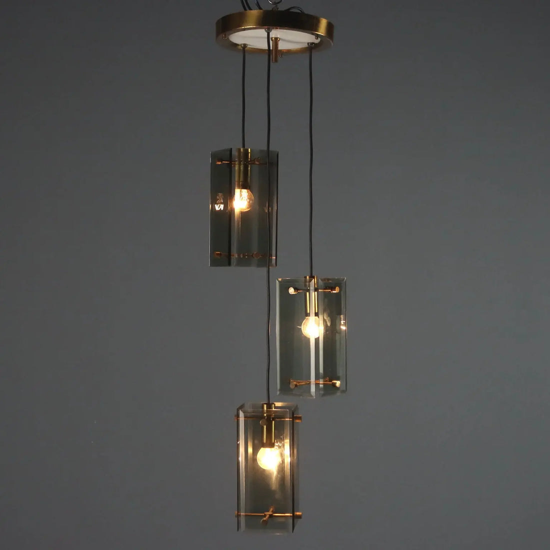 Vintage Ceiling Lamp Brass Smoked Glass Design Italy 1960s