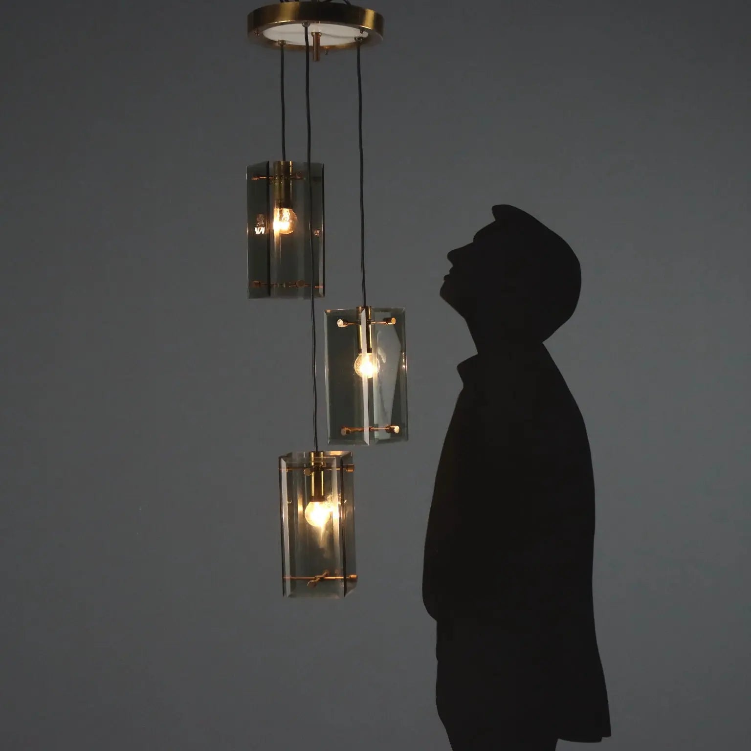 Vintage Ceiling Lamp Brass Smoked Glass Design Italy 1960s