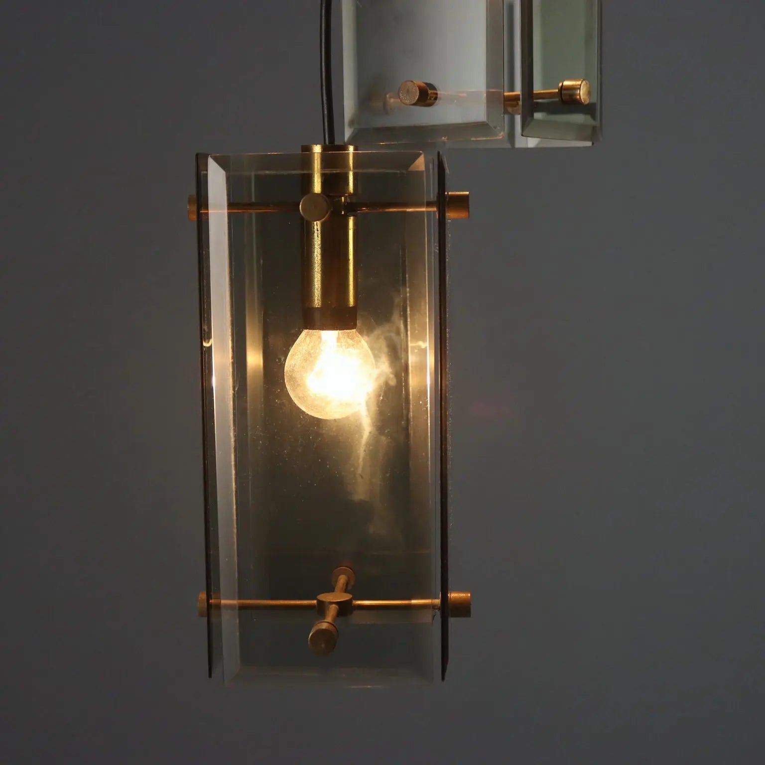 Vintage Ceiling Lamp Brass Smoked Glass Design Italy 1960s