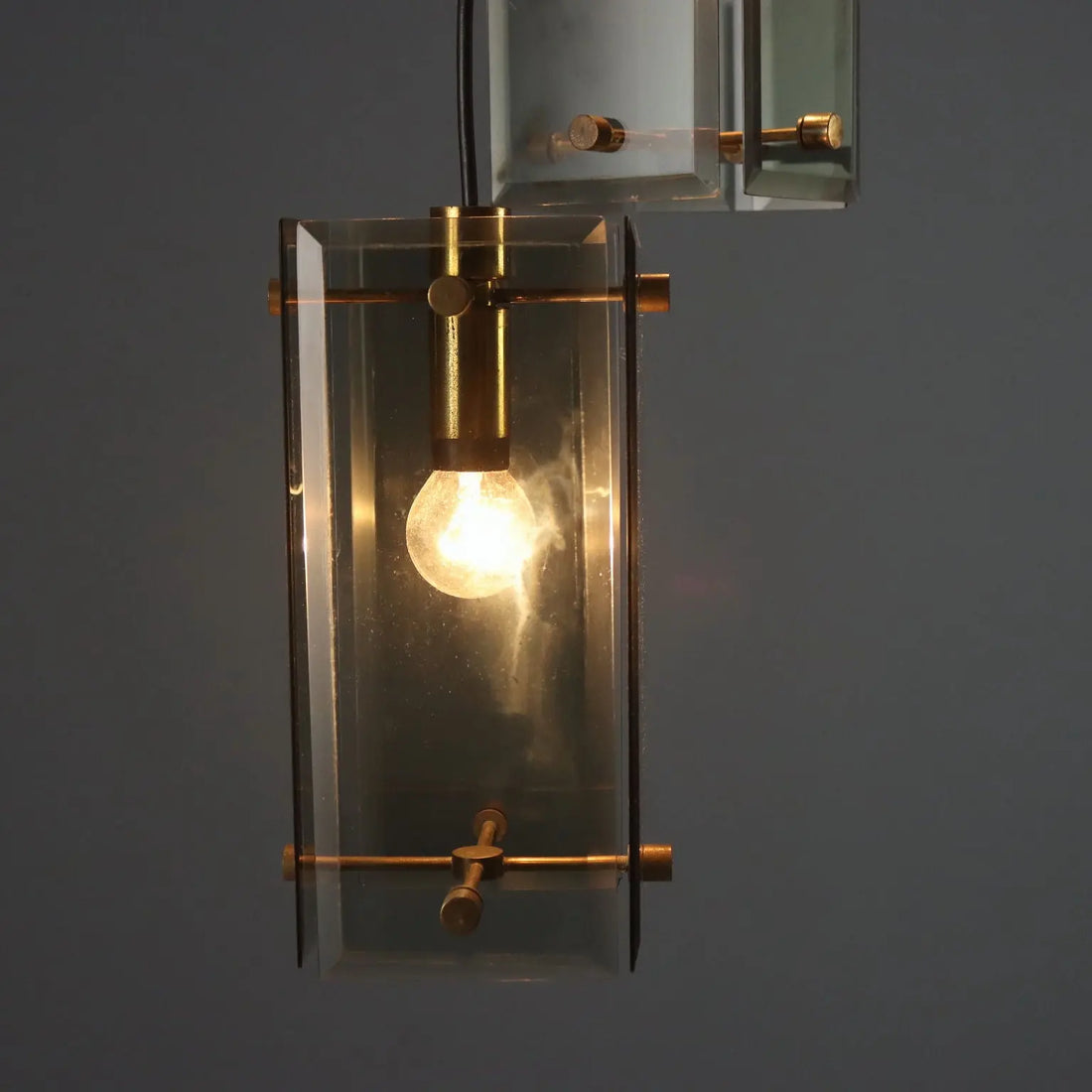 Vintage Ceiling Lamp Brass Smoked Glass Design Italy 1960s