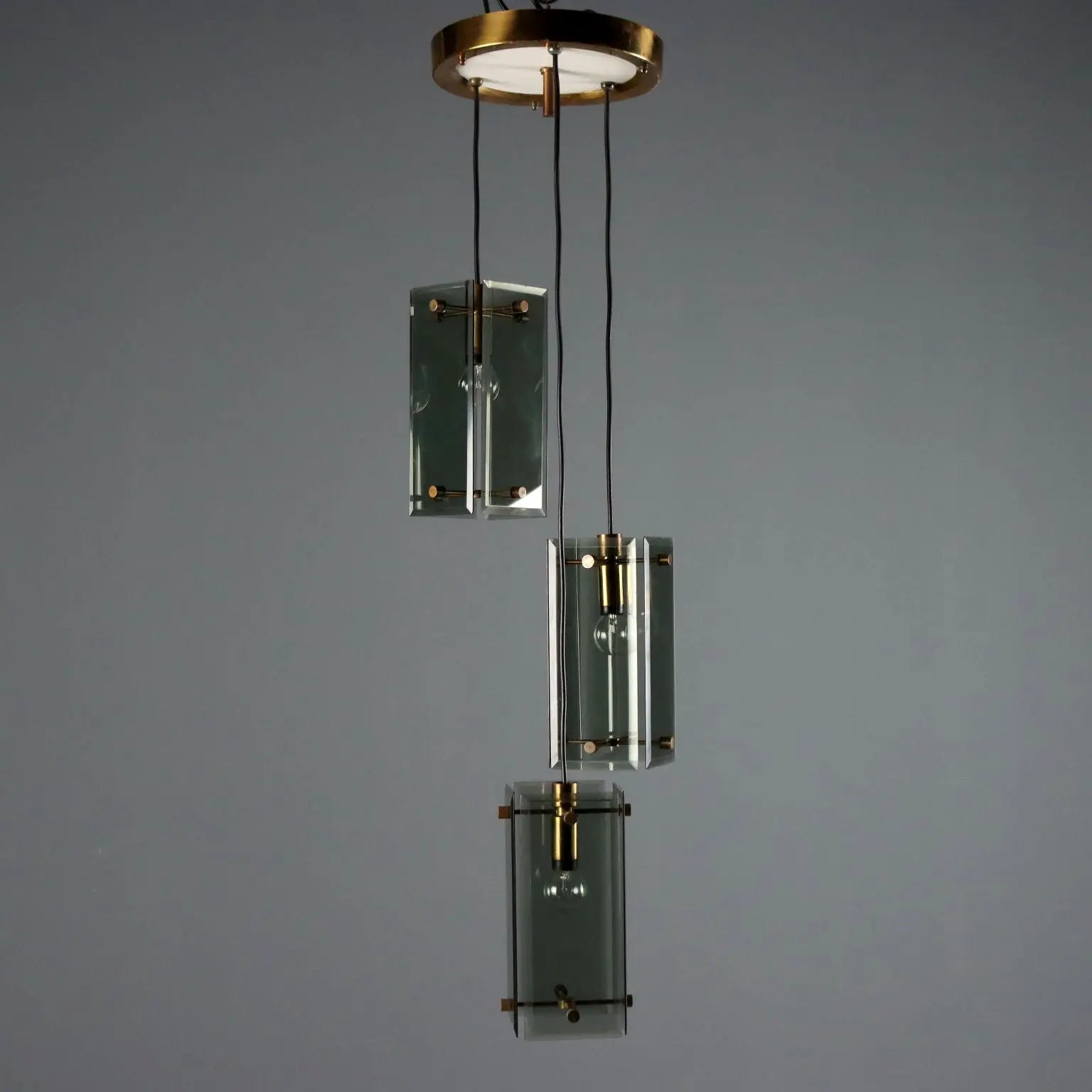 Vintage Ceiling Lamp Brass Smoked Glass Design Italy 1960s