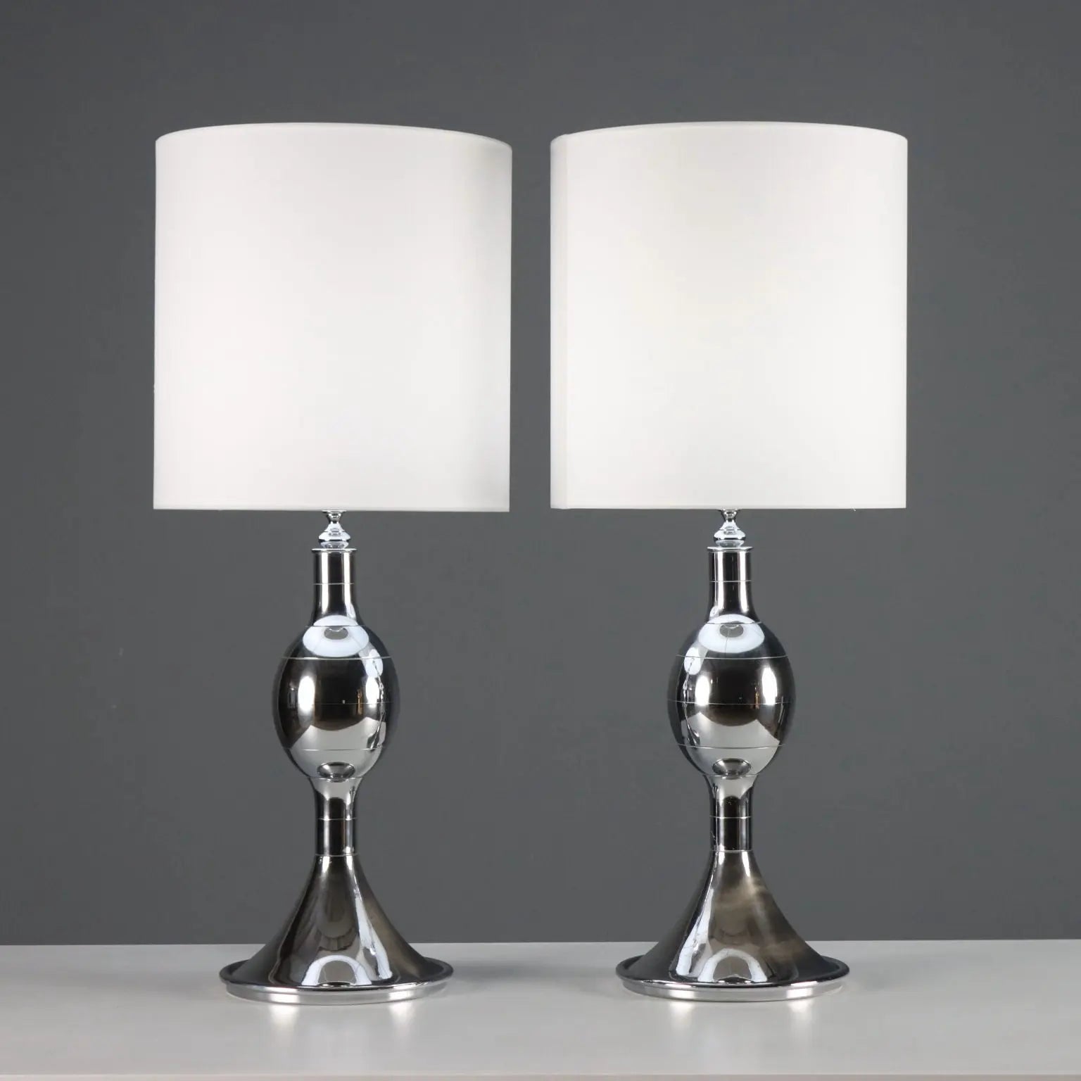 Vintage Table Lamps Chromed Metal Fabric Design Italy 1970s-1980s