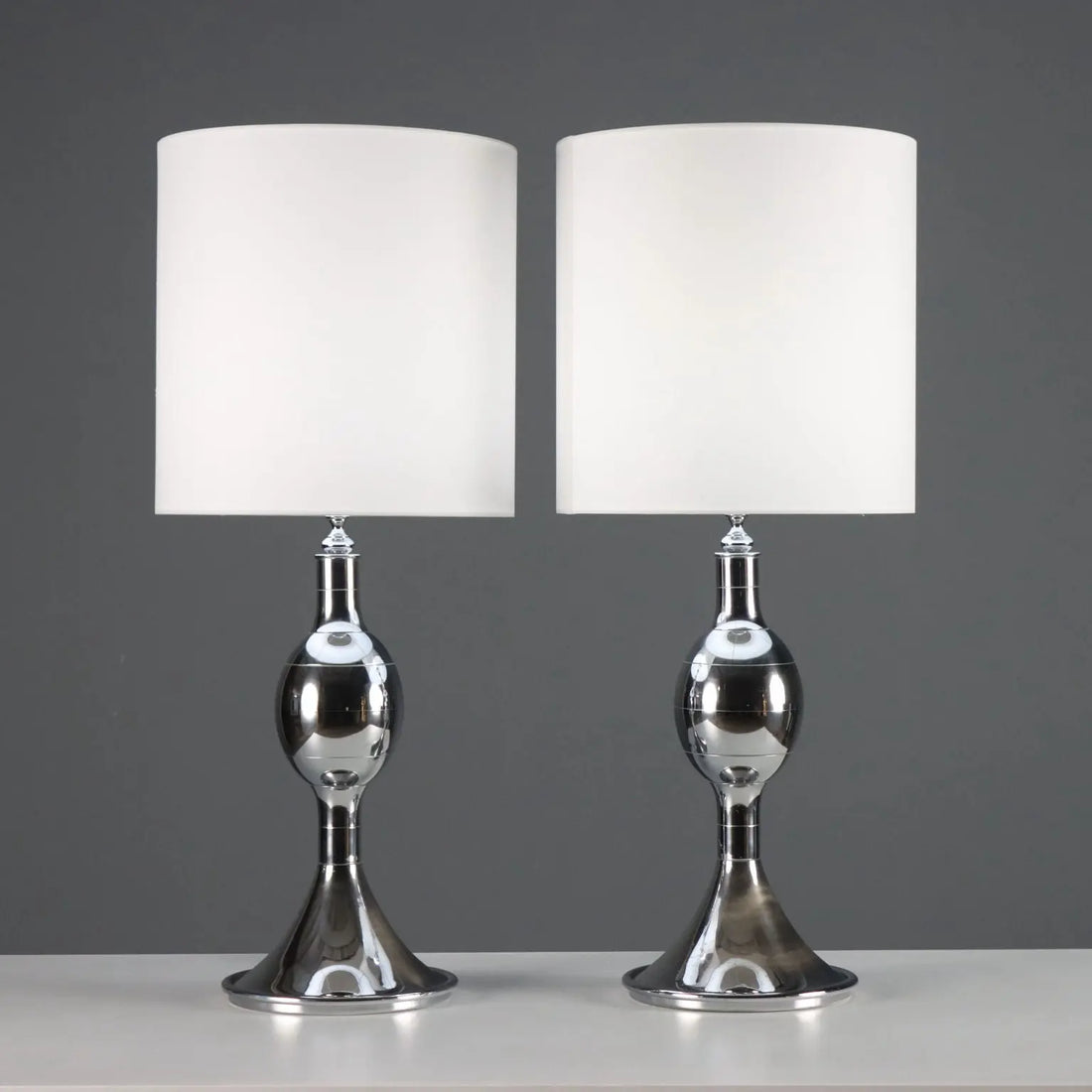 Vintage Table Lamps Chromed Metal Fabric Design Italy 1970s-1980s