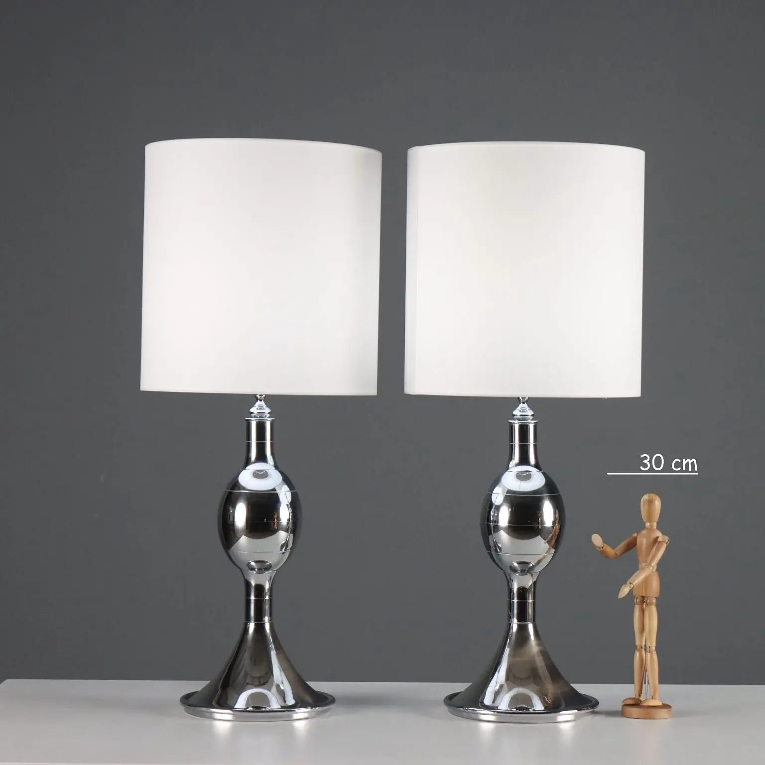 Vintage Table Lamps Chromed Metal Fabric Design Italy 1970s-1980s