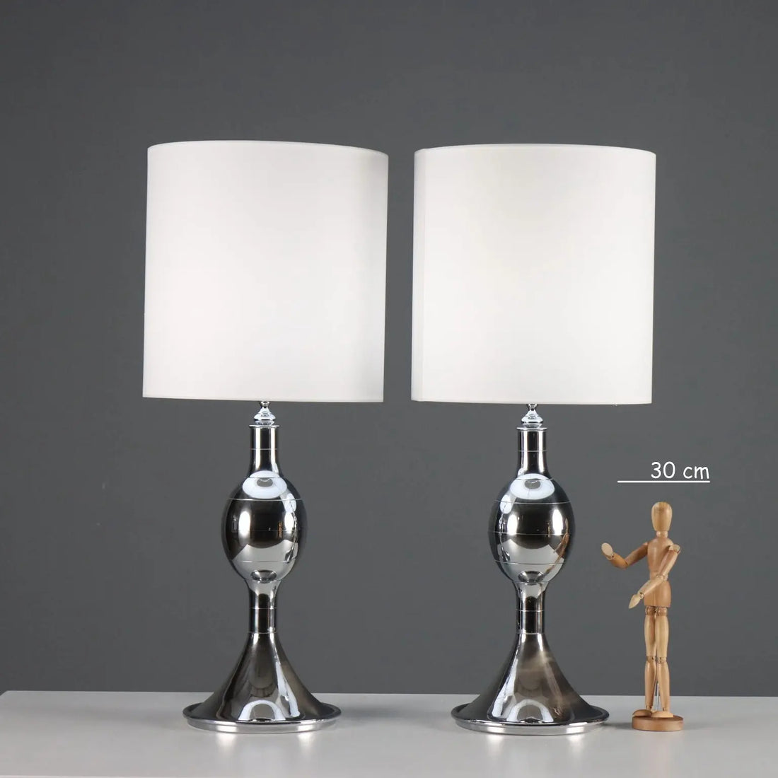 Vintage Table Lamps Chromed Metal Fabric Design Italy 1970s-1980s
