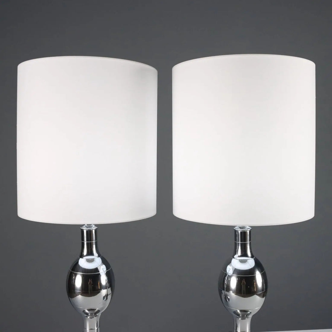 Vintage Table Lamps Chromed Metal Fabric Design Italy 1970s-1980s