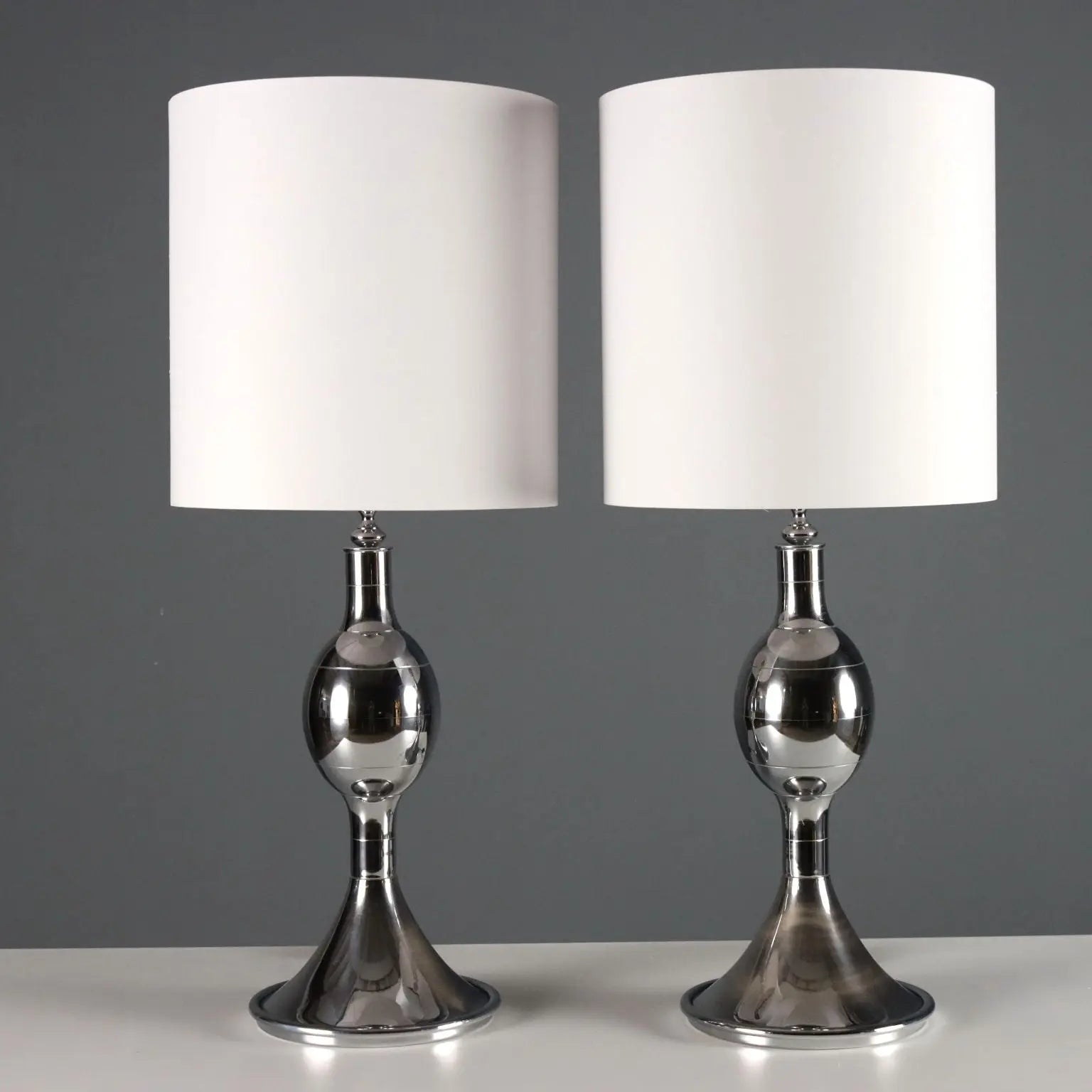 Vintage Table Lamps Chromed Metal Fabric Design Italy 1970s-1980s