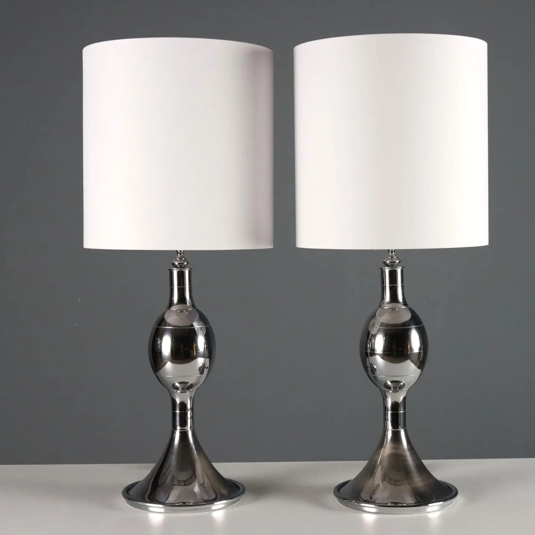 Vintage Table Lamps Chromed Metal Fabric Design Italy 1970s-1980s