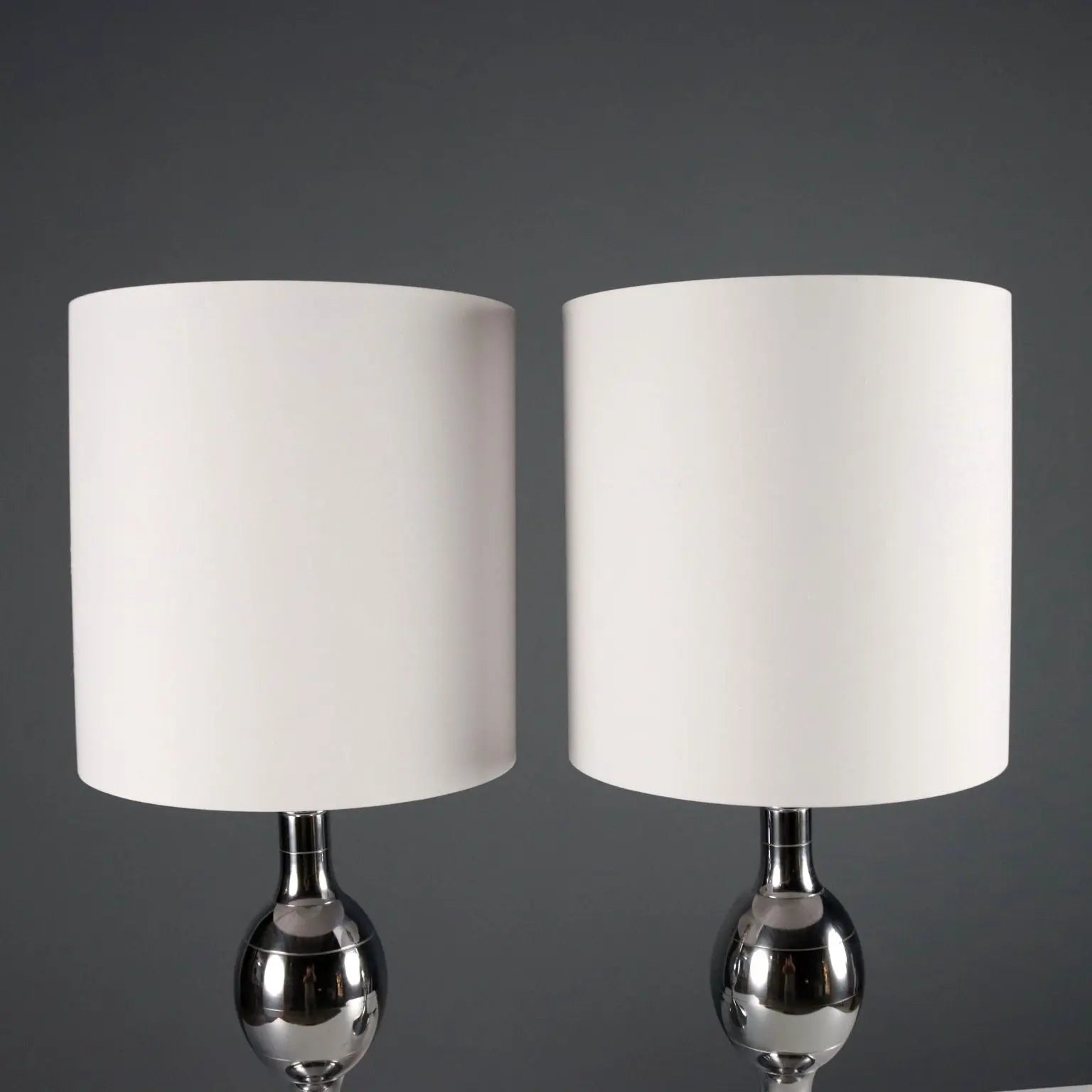 Vintage Table Lamps Chromed Metal Fabric Design Italy 1970s-1980s