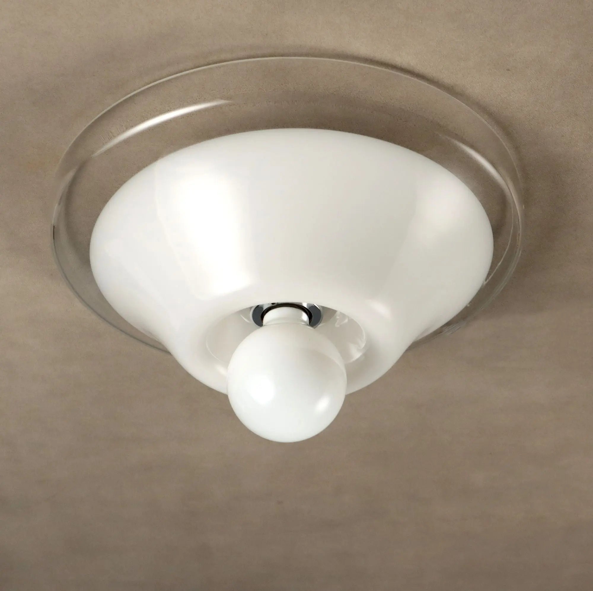 Vintage Ceiling Lamp White Transparent Glass Design Italy 1970s