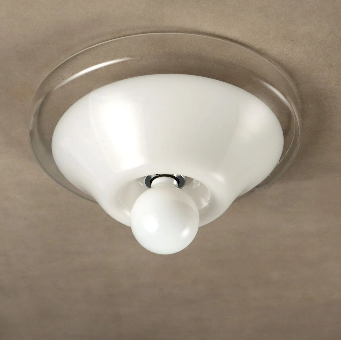 Vintage Ceiling Lamp White Transparent Glass Design Italy 1970s