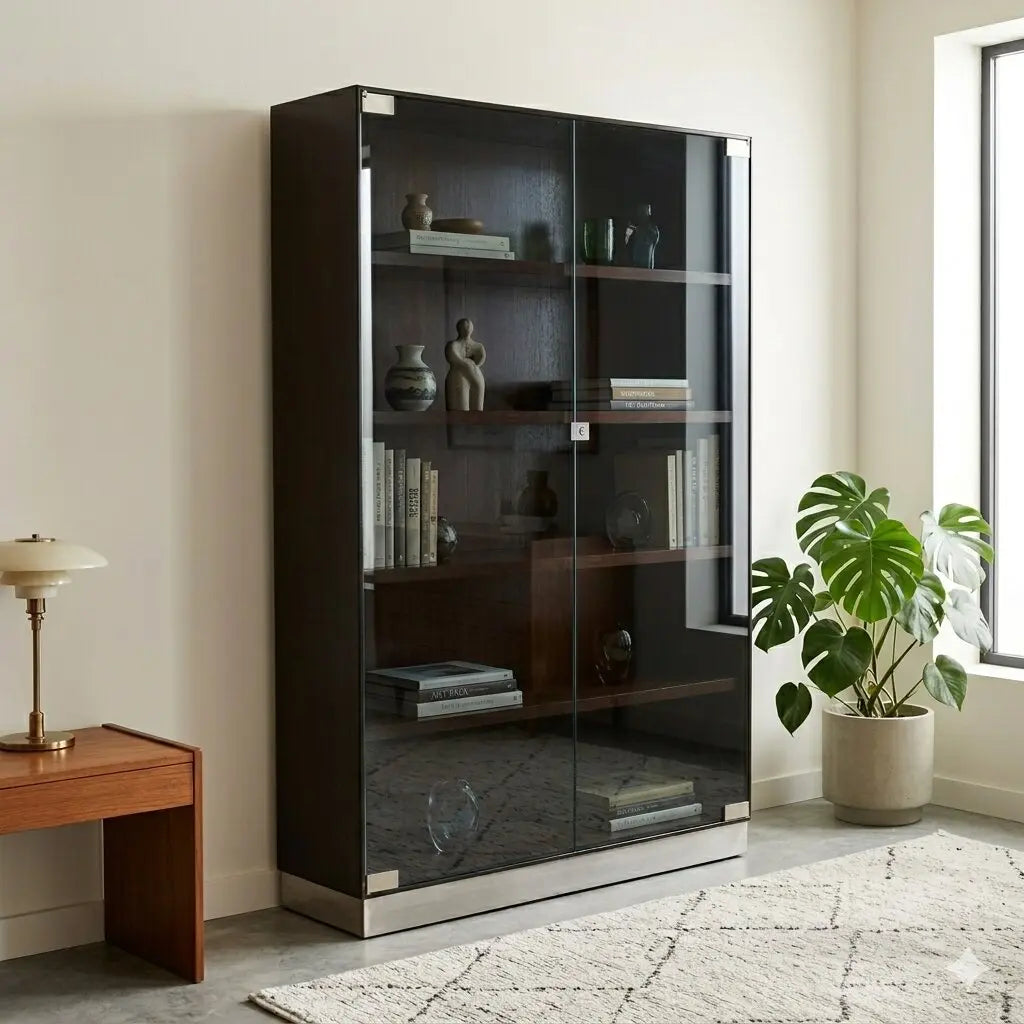 Vintage Showcase from the 1970s Exotic Wood Veneered Smoked Glass | Modernism | Bookcases