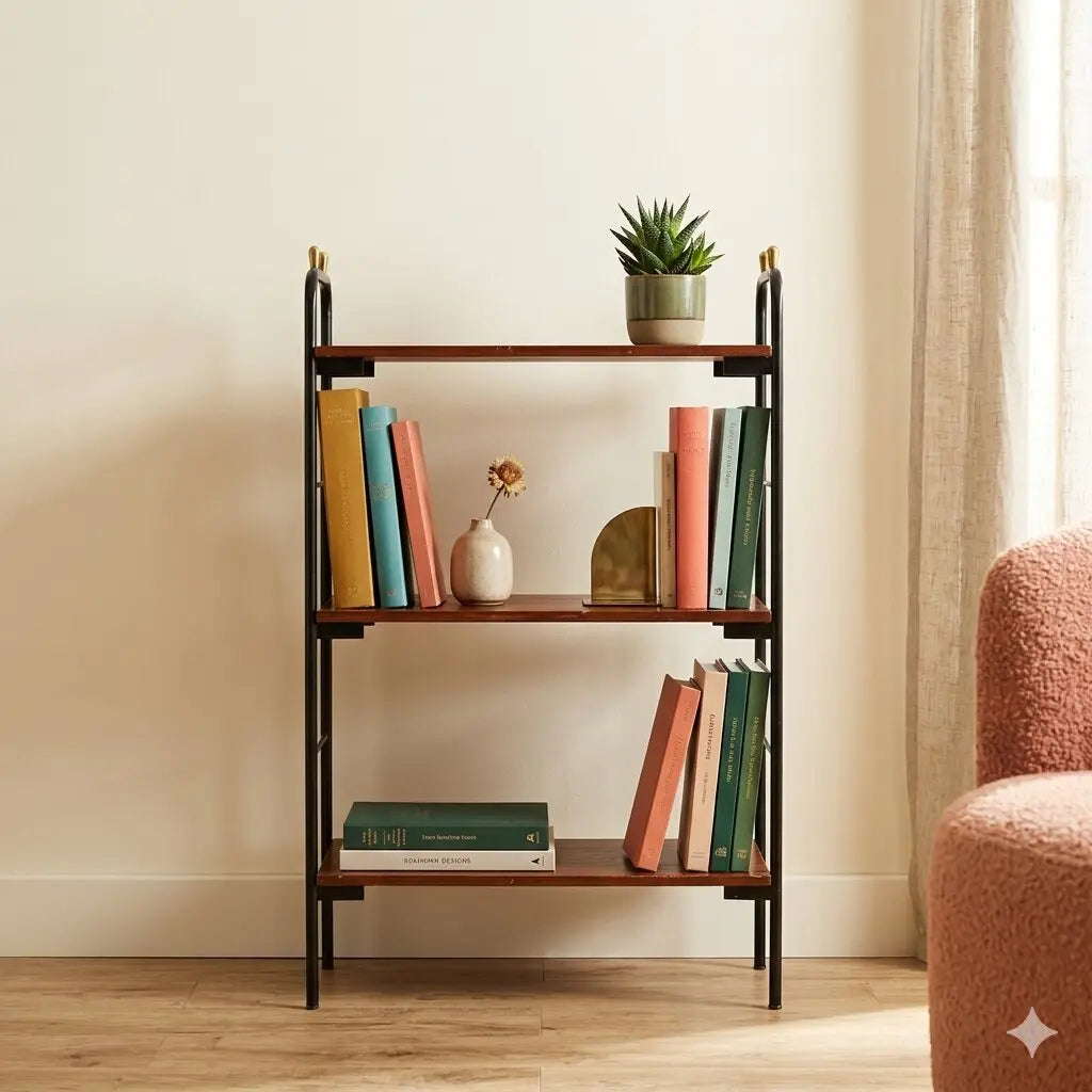 Small Vintage Bookcase Mahogany Veneer Metal 1960s