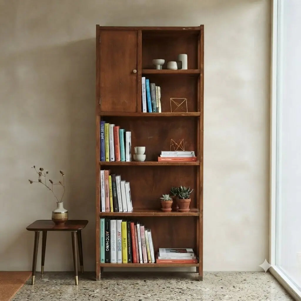 Vintage Bookcase Solid Beech Wood Poplar Design 1960s