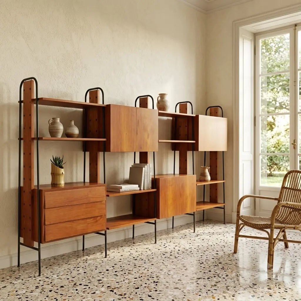 Vintage Bookcase Teak Metal Doors Drawers Design Italy 1960s