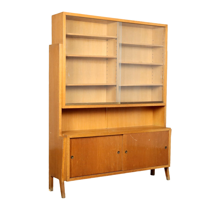 Vintage Bookcase from the 1950s Oak Veneered Wood Glass | Modernism  Bookcases