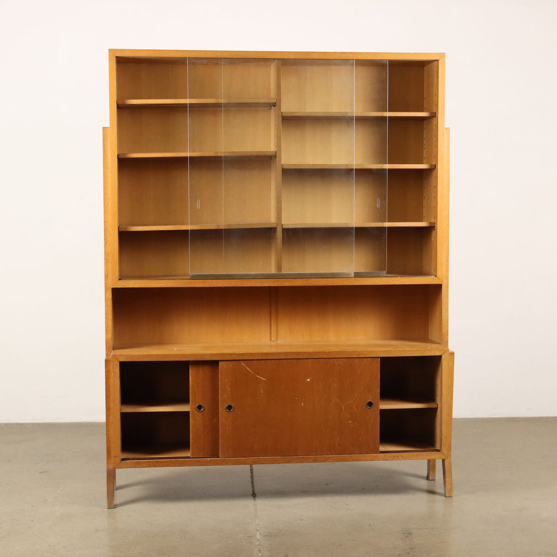 Vintage Bookcase from the 1950s Oak Veneered Wood Glass | Modernism  Bookcases