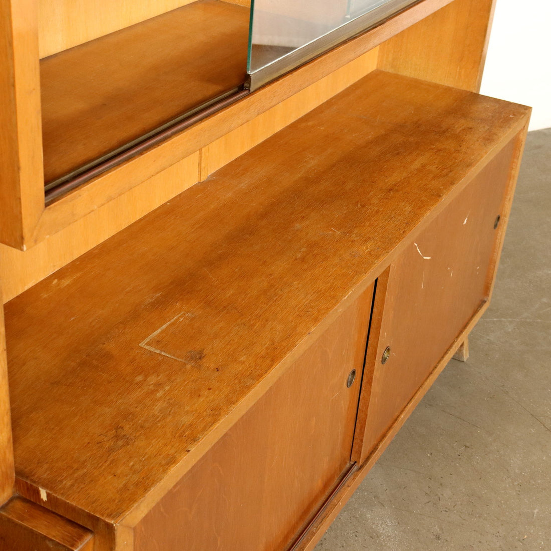 Vintage Bookcase from the 1950s Oak Veneered Wood Glass | Modernism  Bookcases