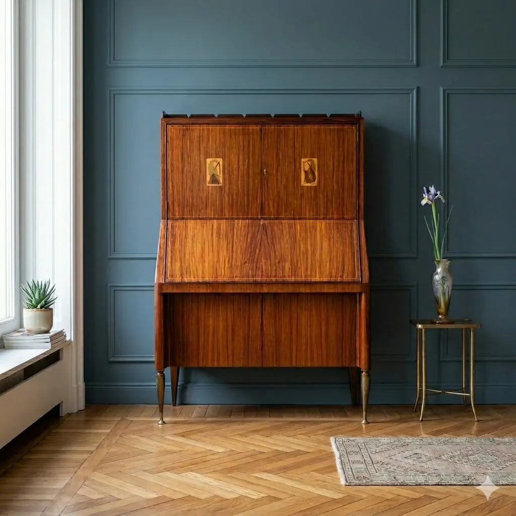 Vintage Drop-Leaf Cabinet Exotic Wood Brass Design 1950s 