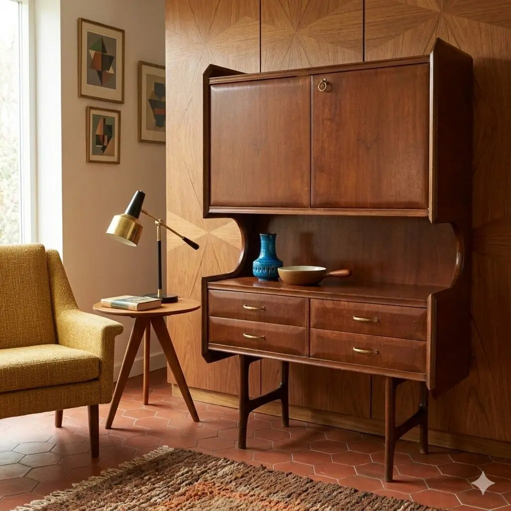 Vintage 1950s-60s Cabinet 4 Drawers Wood Brass Italy | Modernism | Furnitures