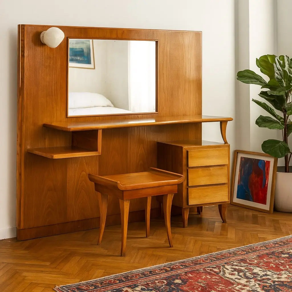 Vintage Dressing Table Oak Veneer Glass Design Italy 1950s-1960s | Modernism | Furnitures