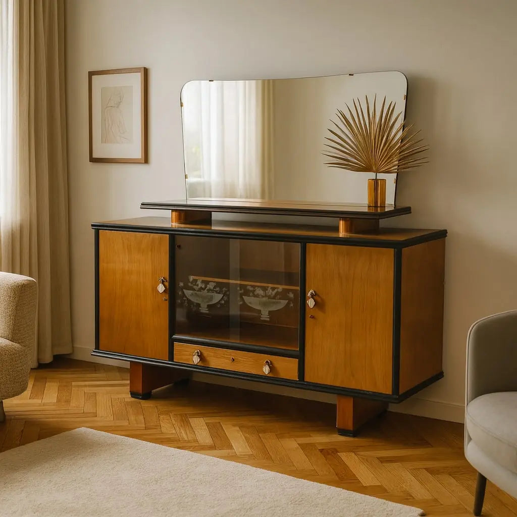 Vintage Cupboard Walnut Veneer Design with Mirror Italy 1960s | Modernism | Furnitures